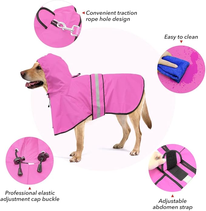 Waterproof Dog Rain Coat - Reflective Adjustable Pet Raincoat Jacket, Lightweight Dog Hooded Poncho Raincoats for Small to X- Large Dogs and Puppies (Pink, Medium)
