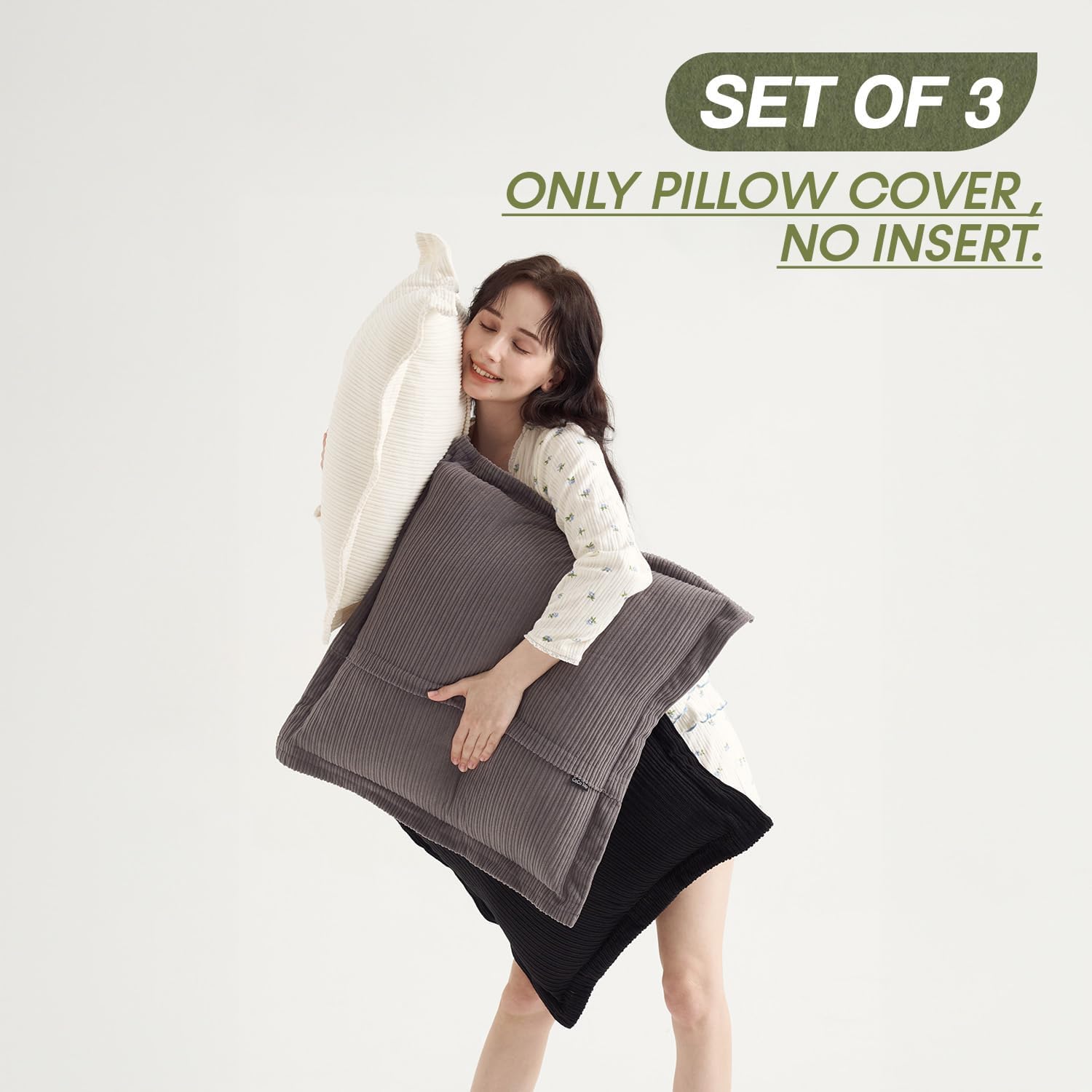 24x24 Inch Large Throw Pillow Covers - Set of 3, Soft Corduroy Decorative Pillow Cases, Perfect for Living Room, Bedroom,Sofa, Lounge & Home Accent（Jet Black,Pure White & Grey）