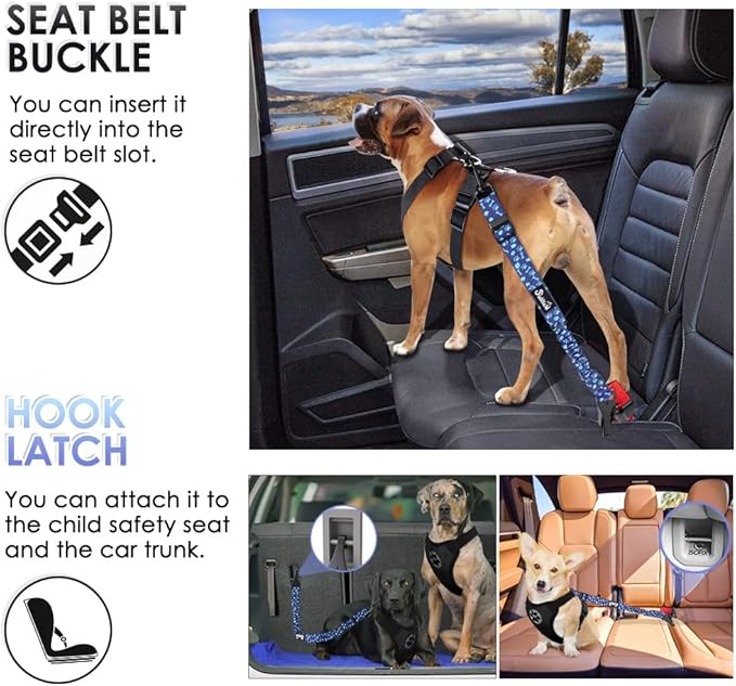 SlowTon Dog Seat Belt, Adjustable Dog Safety Belt Leash, 2 in 1 Latch Bar Attachment Dogs Car Seatbelt with Elastic Nylon Bungee Buffer, Reflective Nylon Belt Tether Connect (BL Dog Paw)