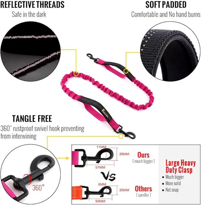 Plutus Pet Hands Free Dual Handle Retractable Bungee Leash with Reflective Stitches, Adjustable Waist Leash for Dog Walking, Running, Jogging, Medium Large Dogs