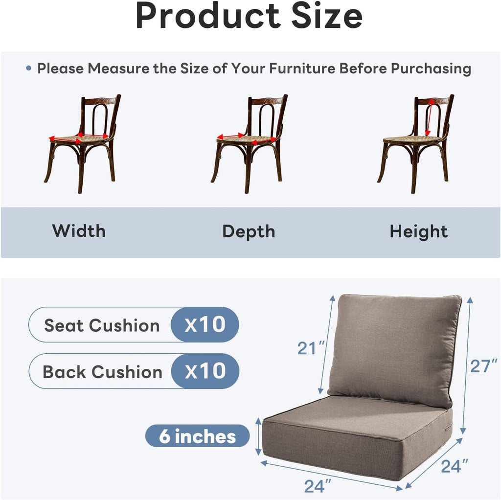 6" Thicker Outdoor Chair Cushion 10 Sets - 24" *24" *6" Waterproof Patio Furniture Cushions with Removable Cover, 28D High Density Sponge Filling Thicken Outdoor Patio Cushions - Grey
