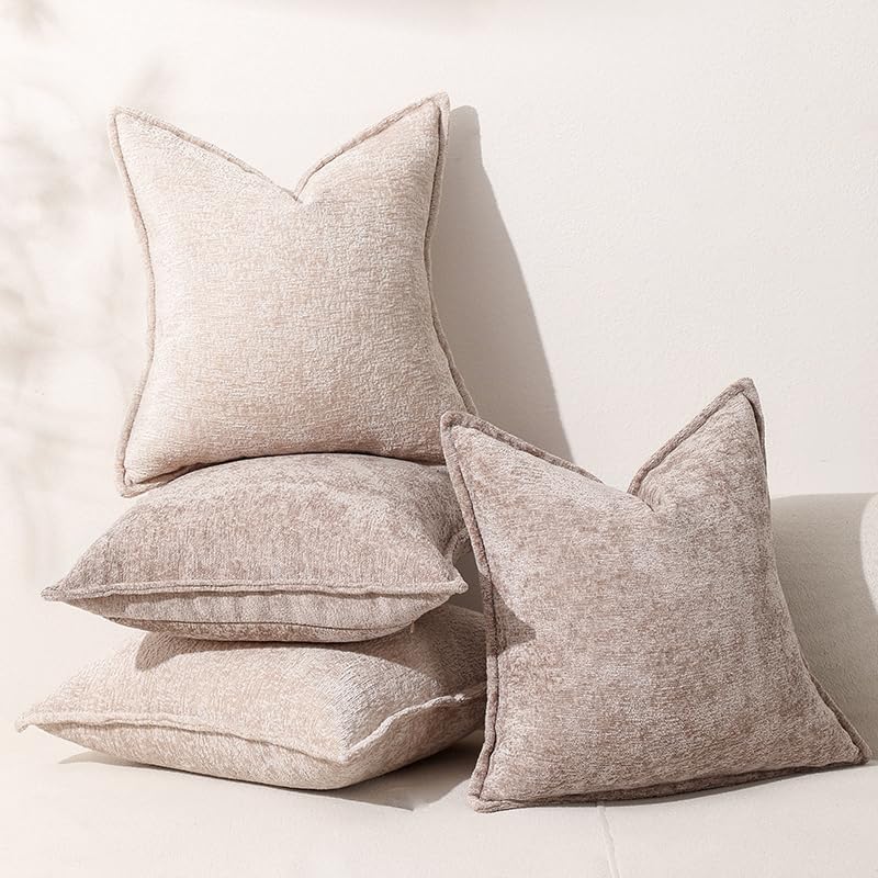 Pack of 2 Tan Decorative Throw Pillow Covers 18x18 Cozy Soft Chenille Accent Vintage Square Couch Pillow Covers for Home Decor Bed Sofa Living Room