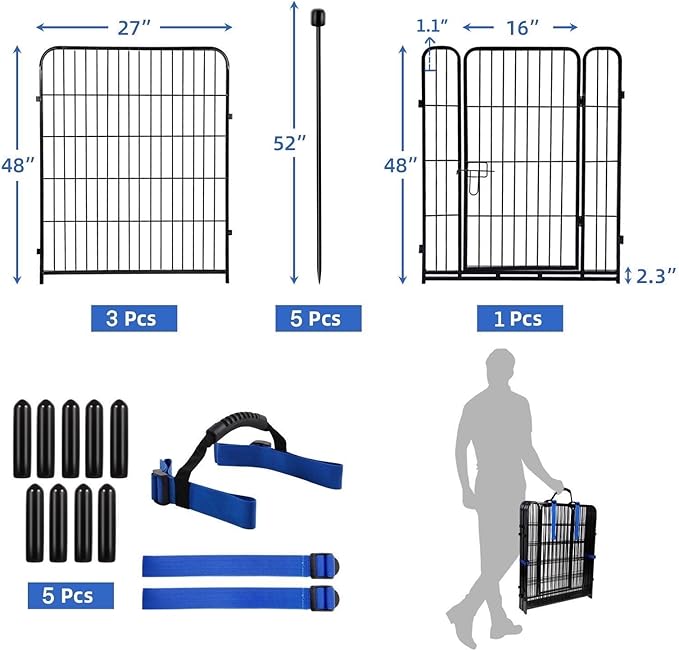 ADAVIN Tall Garden Fence with Gate, 48 in(H) 4 Panels Heavy Duty Iron Metal Fencing Border, Indoor or Outdoor Dog Playpen, Animal Barrier Fence, No Dig Fencing for Yard, Total 8.9 FT(L), Black