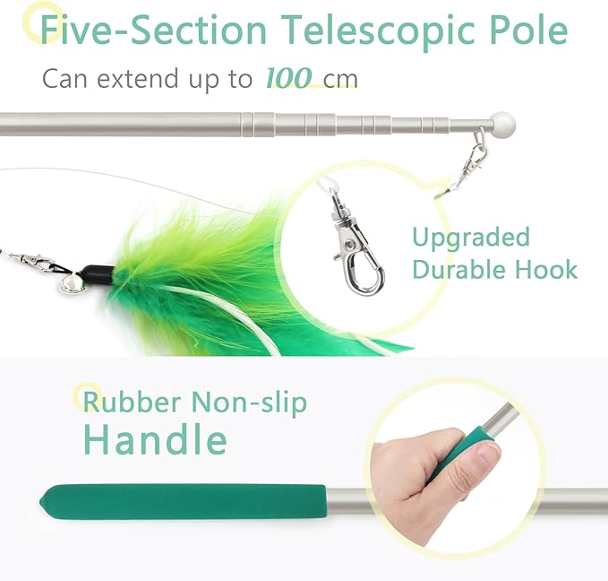 SONGWAY Cat Feather Wand - 7 Pcs Interactive Toys for Indoor Kitten, Retractable Wand With 6 Teaser Refills and Bell, Fishing Pole Toy, Green