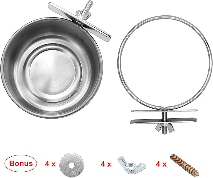 2 Pack Birds Food Dish Parrot Stainless Steel Feeding Cups Bird Feeders Water Cage Bowls with Clamp Holder and 1 Pcs Bird Stand Toy for Parakeet Conure Cockatiels Lovebird Budgie Chinchilla (2 Pack)