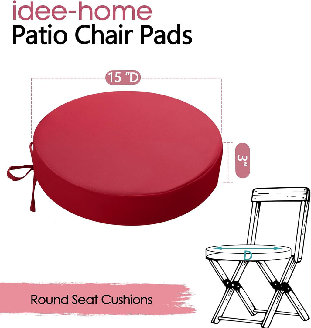 idee-home Outdoor Bistro Chair Cushions, 15”x15”x 3” Thick Outdoor Round Seat Cushions Set of 4 with Ties, Waterproof Round Patio Furniture for Garden