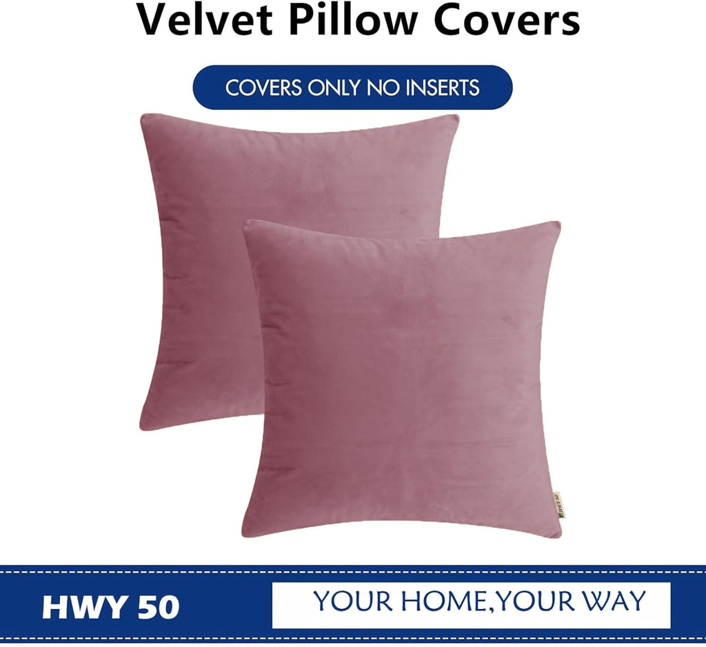 HWY 50 Purple Pink Velvet Throw Pillow Covers 18x18 Inch, Pack of 2 Soft Cozy Solid Decorative Luxury Cushion Cases for Couch Sofa Bed Living Room Bedroom