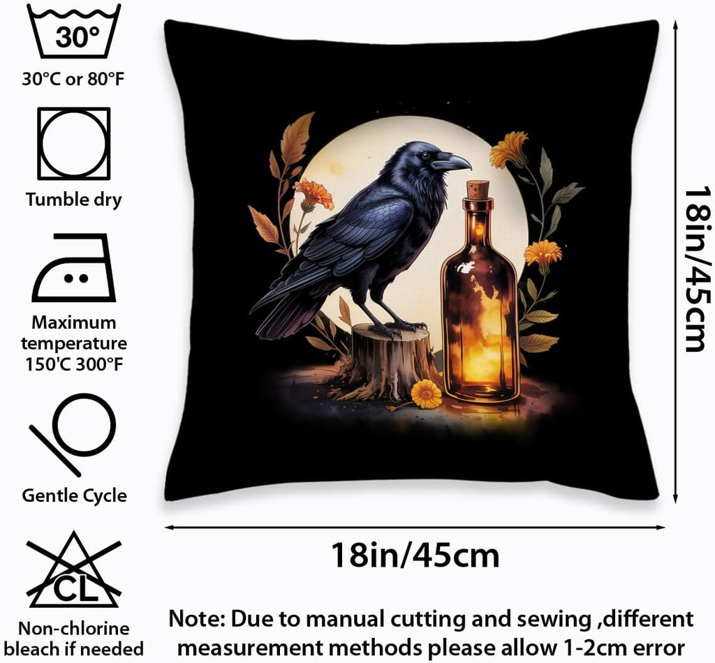 2 Pcs Black Crow Gothic Throw Pillow Cover, Vintage Raven Black Flower Cotton Decorative Cushion Cover, Gifts for Women Friend Sister Coworker Birthday Christmas Mothers Day Friendship