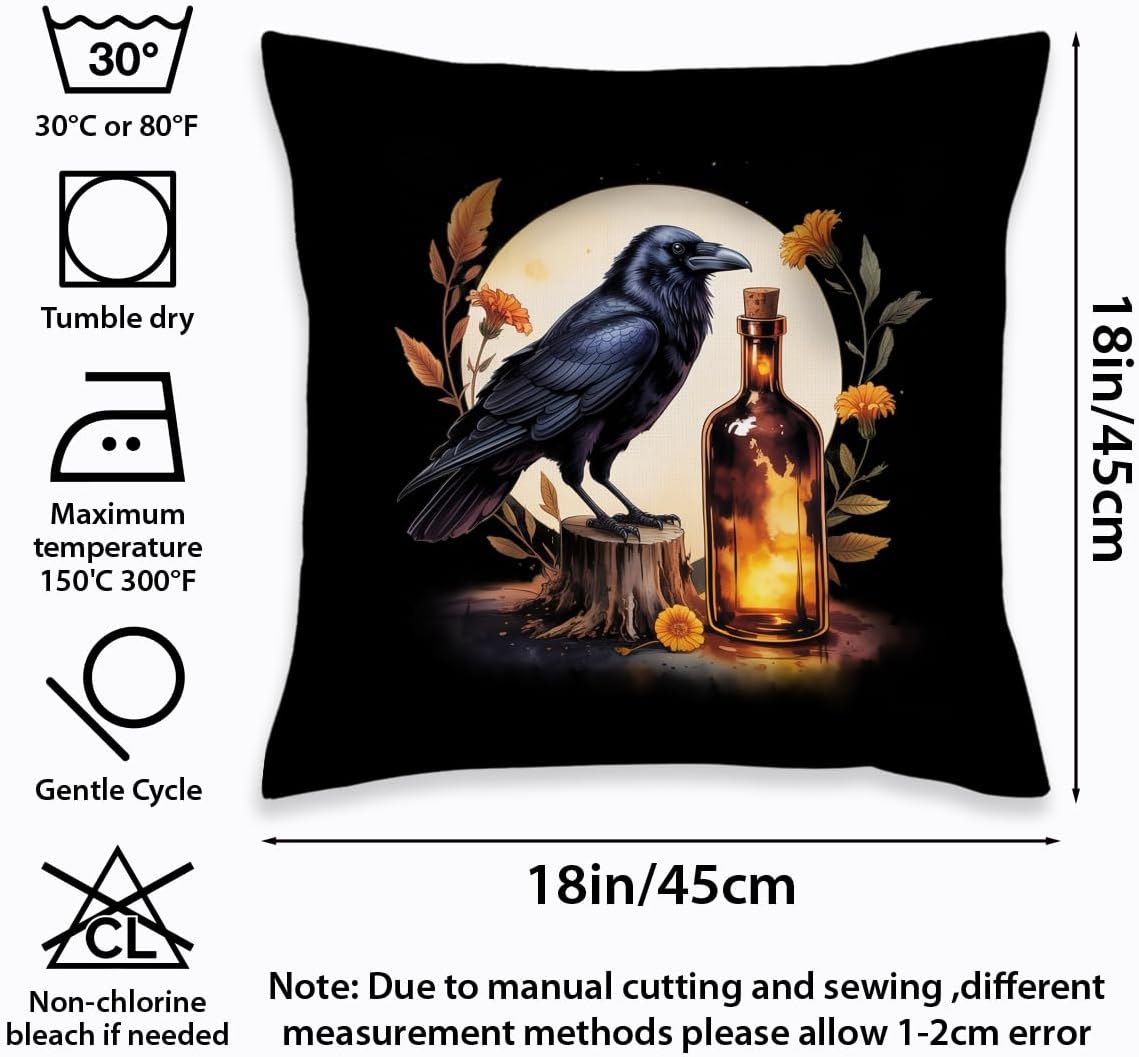 2 Pcs Black Crow Gothic Throw Pillow Cover, Vintage Raven Black Flower Cotton Decorative Cushion Cover, Gifts for Women Friend Sister Coworker Birthday Christmas Mothers Day Friendship