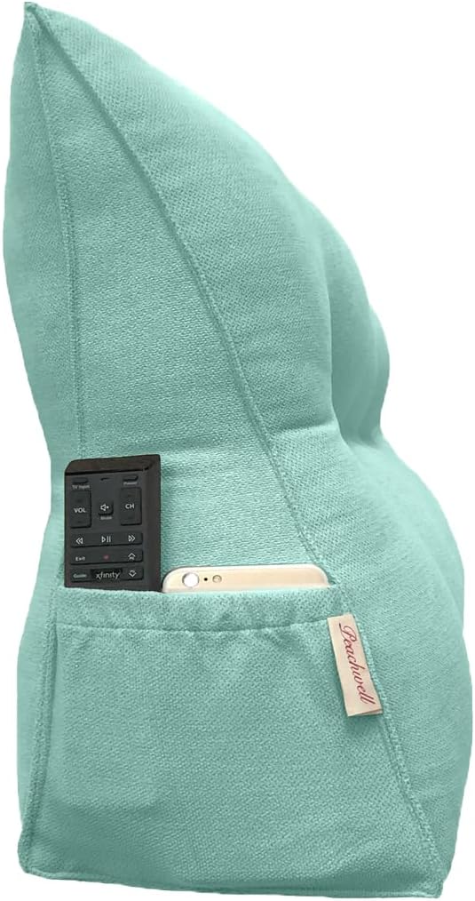Triangular Reading Bed Rest Pillow Large Bolster Cushion Headboard Backrest Wedge Pillow with Removable Cover and Two Large Side Pockets (Turquoise, Queen: 59 x 8 x 20 inches)