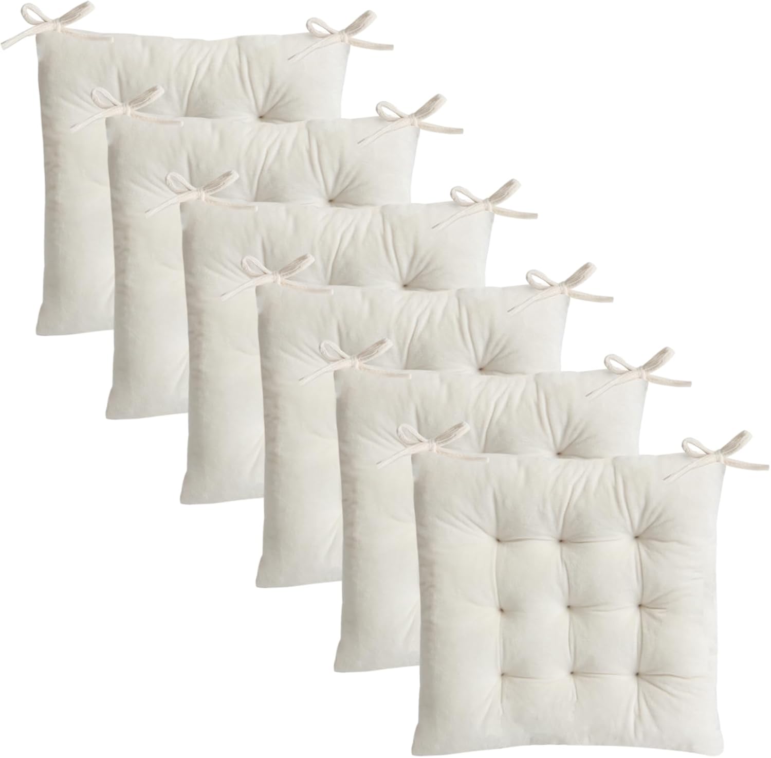 6 Pack Square Seat Cushion Chair Pads for Kitchen Dining Chairs, Soft Comfort Velvet Chair Mat Pillow Cushions with Ties for Office Desk Living Room Tatami 15.5", Ivory