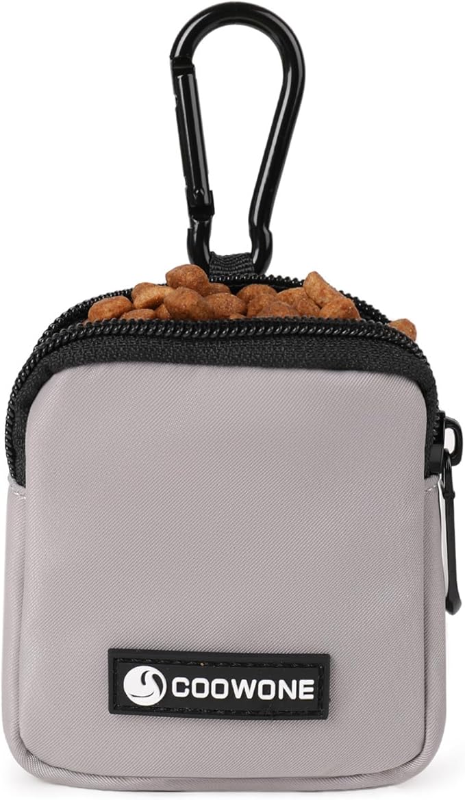COOWONE Dog Treat Pouch Pocket Sized Pet Puppy Training Pouch for Dog Training Behavior Aids, Waterproof Nylon Fabric Dog Poop Bag Holder, Hands Free Dog Walking Bag with Metal Carabiner (Grey)
