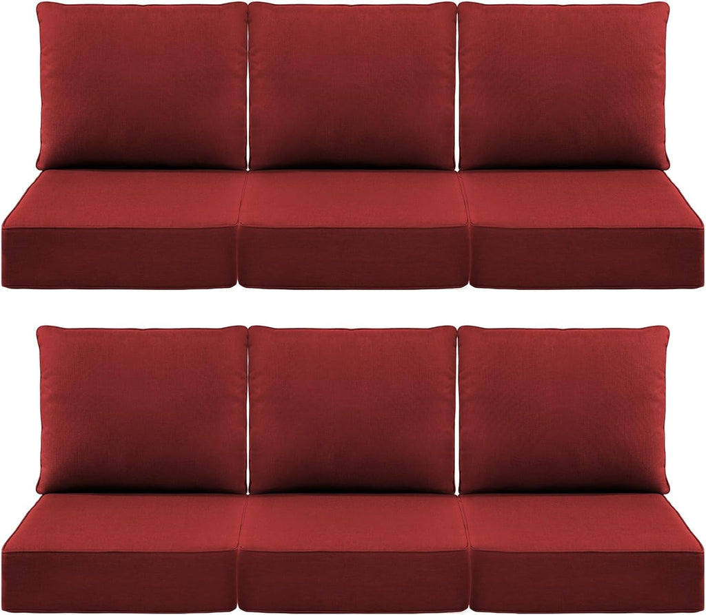 Luxury 6" Outdoor Cushions for Patio Furniture, 24x24x6" Thick Seat Cushion Set of 6, Fade Resistant Couch Chair Replacement Cushions High Density Deep Wicker Chair Cushion w/ Removable Cover, Red