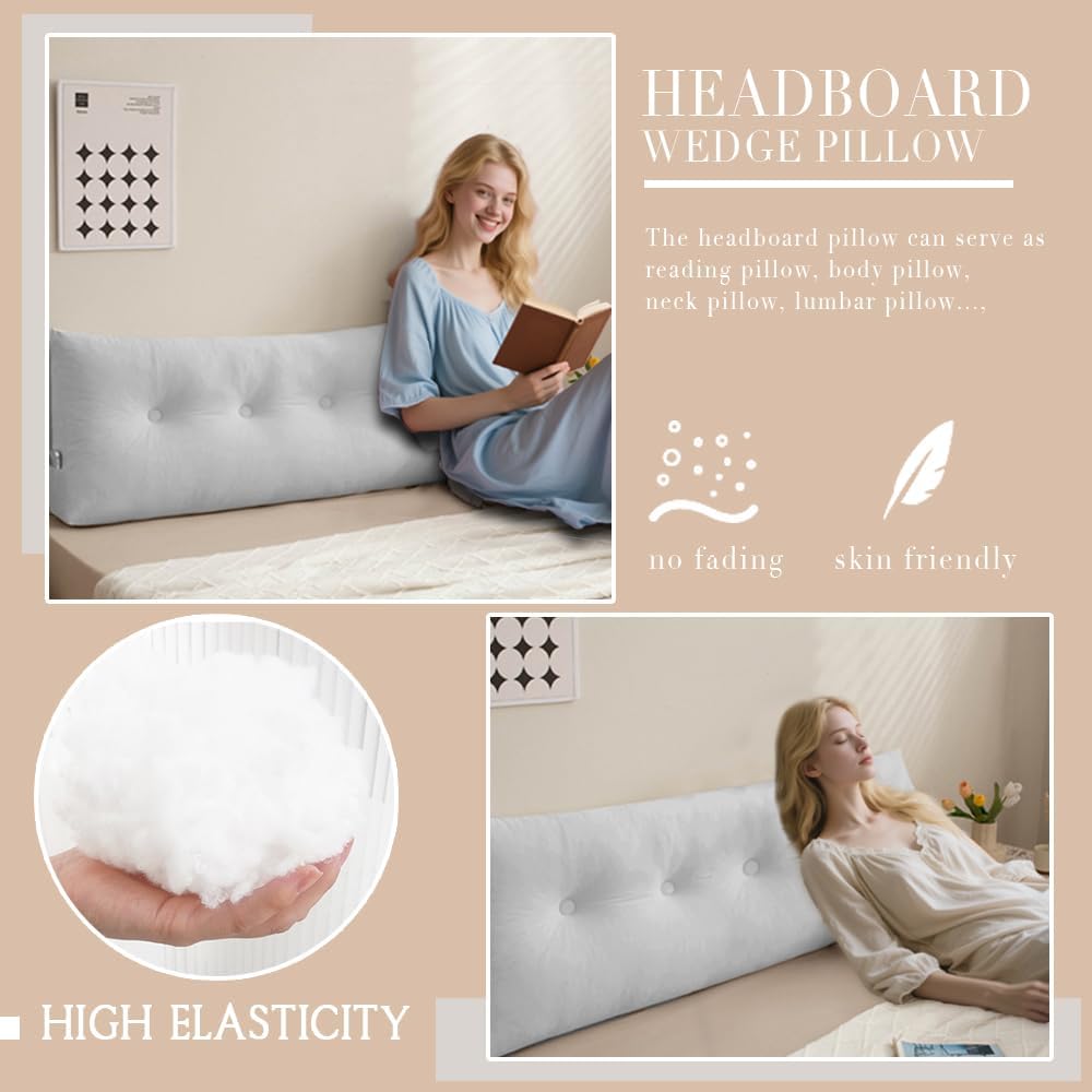 Dorm Headboard Pillows Twin XL Wedge Headboard Pillow Long Backrest Positioning Support for Daybed Reading Backrest Pillow with Side Pockets College Dorm Headboard