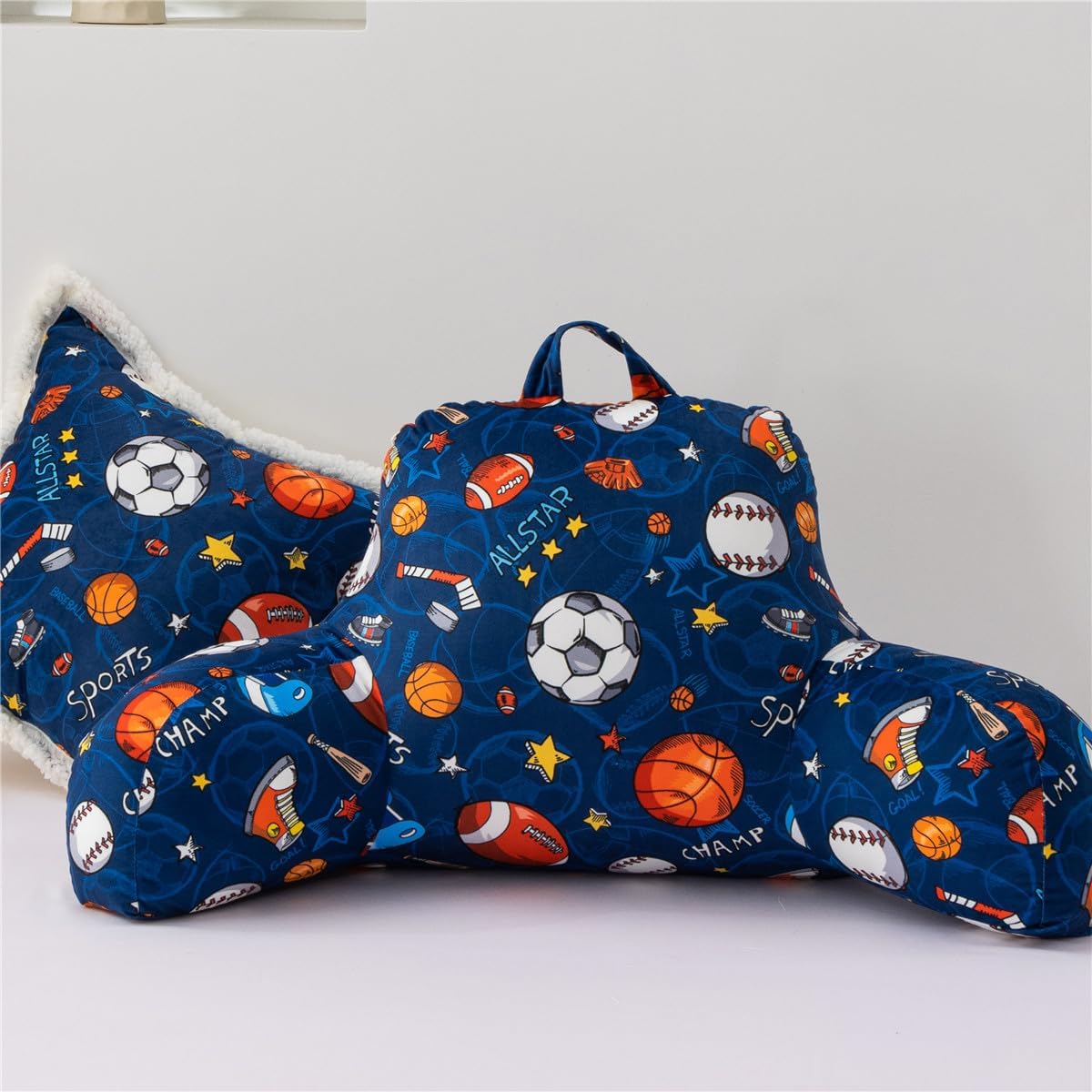 NTBED Sport Ball Collection Printed Reading Pillow Bed Wedge Backrest with Arms, Couch TV Relax Bed Rest Pillow Back Support Cushion for Kids Teens Boys Girls
