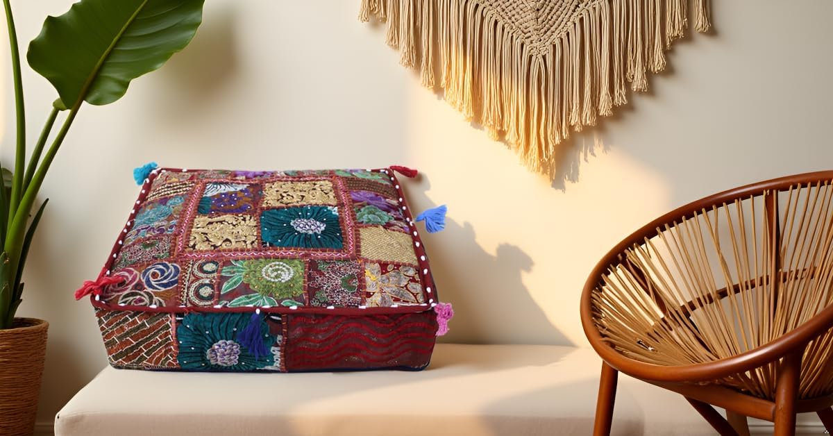 CRAFT KALA Indian Square Patchwork Traditional Pouf Cover Indian Living Room Poufs Decorative Embroidered Designer Ottoman Home Living Footstool Chair Cover Decor Pillow Cover 18x18x5 inches, Dark Red