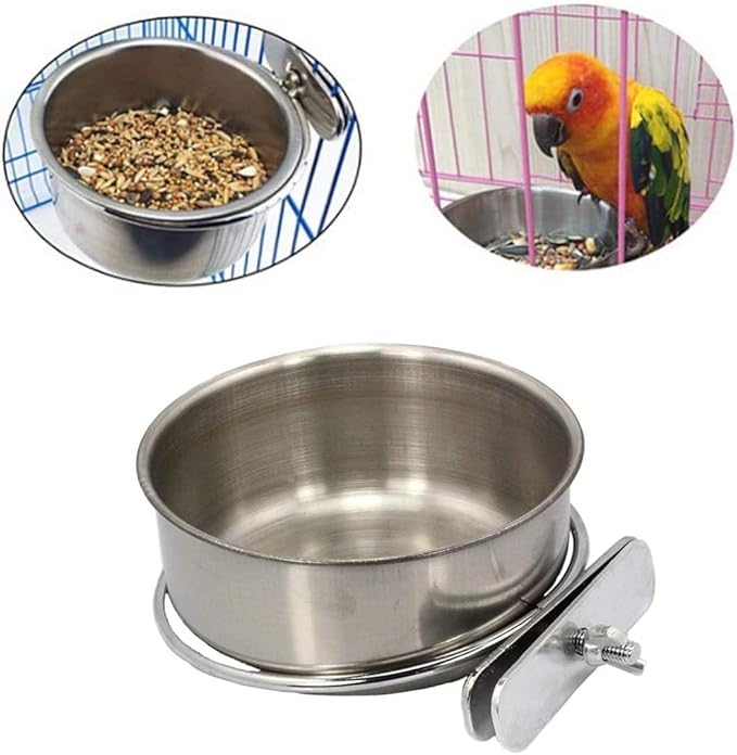 PINVNBY Parrot Feeding Cups Birds Food Dish Stainless Steel Parrot Feeders Water Cage Bowls with Clamp Holder for Cockatiel Conure Budgies Parakeet Parrot Macaw Small Animal Chinchilla Pack of 6