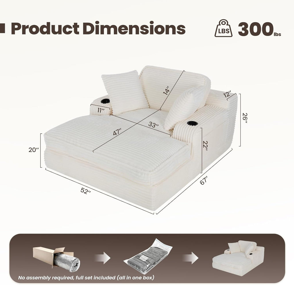 67" Chaise Lounge Chair Indoor, Cozy Oversized Fluffy Sofa with Cup Holders & Throw Pillows, Boneless Sleeper Cloud Couch for Living Room, Movie Room and Apartments, Beige