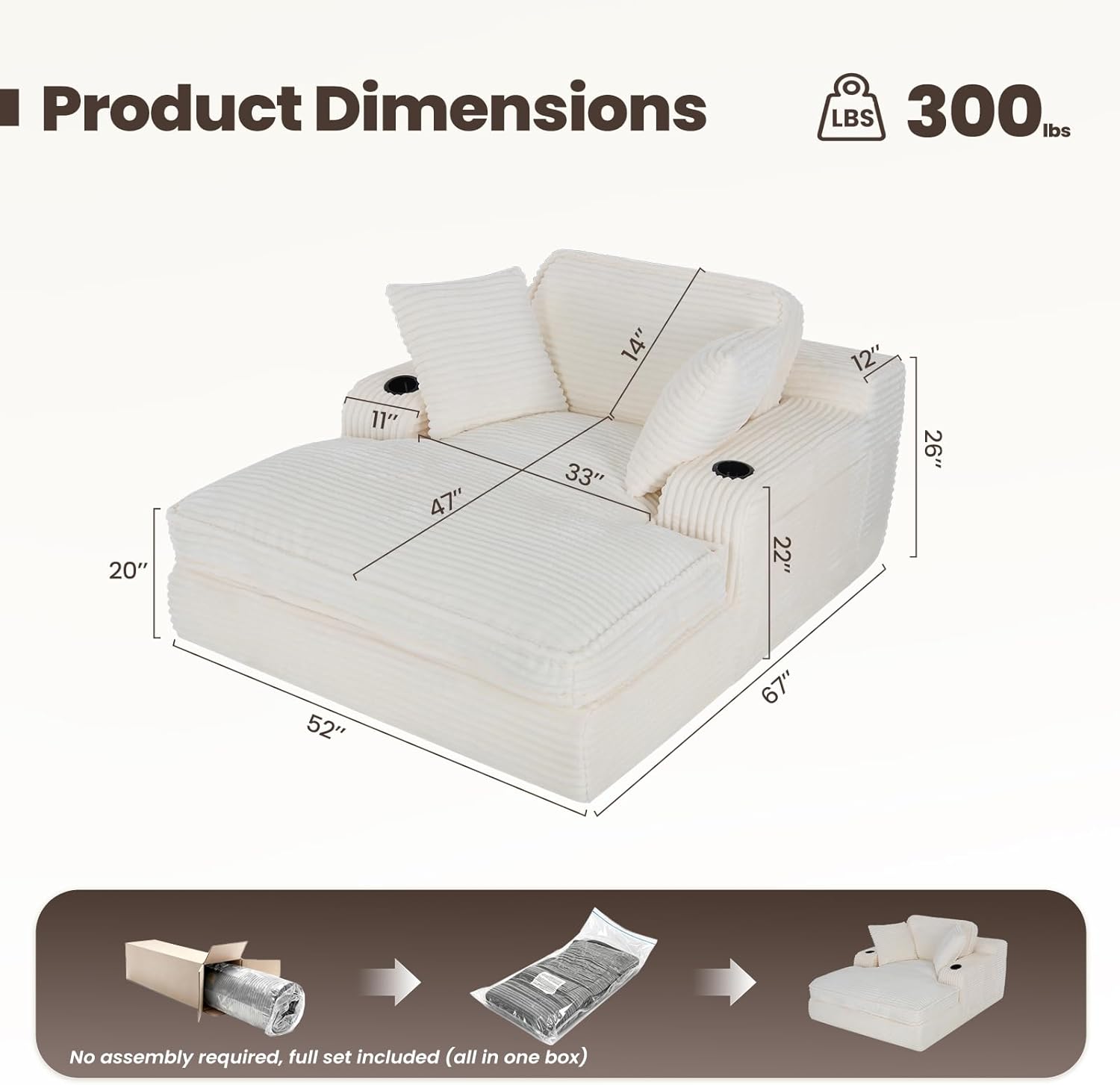 67" Chaise Lounge Chair Indoor, Cozy Oversized Fluffy Sofa with Cup Holders & Throw Pillows, Boneless Sleeper Cloud Couch for Living Room, Movie Room and Apartments, Beige