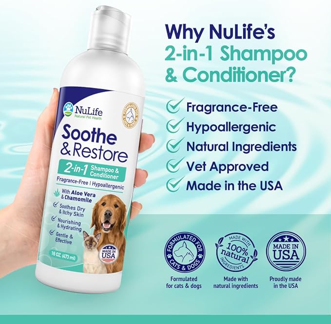 2-in-1 Dog Shampoo and Conditioner with Soothing Aloe Vera & Chamomile, Sensitive Skin, Fragrance-Free, Hypoallergenic Formula Provides Itchy Skin Relief from Dry Skin & Allergies - 16oz
