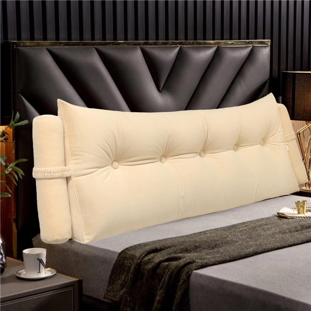Triangular Reading Bedrest Pillow Large Bolster Cushion Headboard Backrest Wedge Pillow with Two Detachable Roll Pillows for Neck & Lumbar Support (Beige, California King 71x8x20 inches)