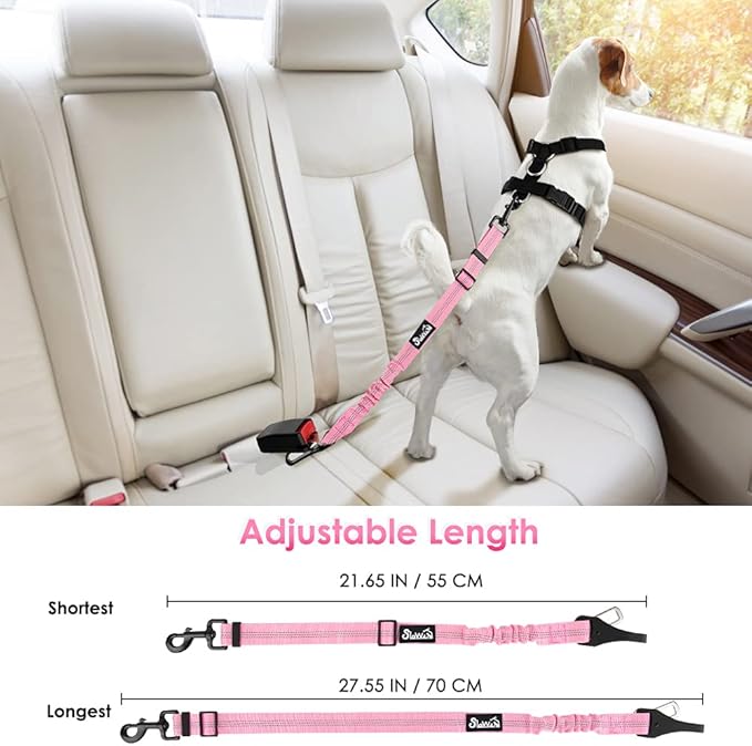 SlowTon Dog Seat Belt, Adjustable Dog Safety Belt Leash, 2 in 1 Latch Bar Attachment Dog Car Seatbelt with Elastic Nylon Bungee Buffer, Reflective Nylon Belt Tether Connect to Dog Harness (Pink)