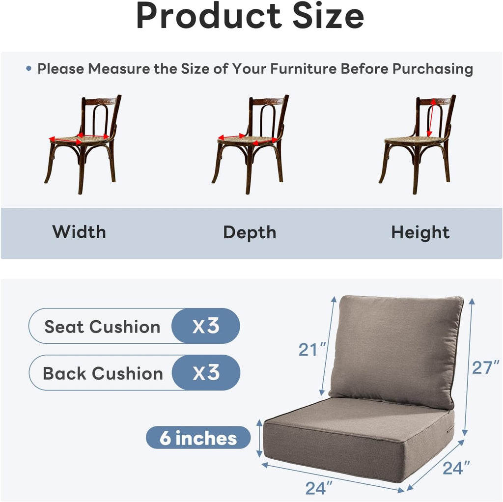 6" Thicker Outdoor Chair Cushion 3 Sets - 24" *24" *6" Waterproof Patio Furniture Cushions with Removable Cover, 28D High Density Sponge Filling Thicken Outdoor Patio Cushions - Grey