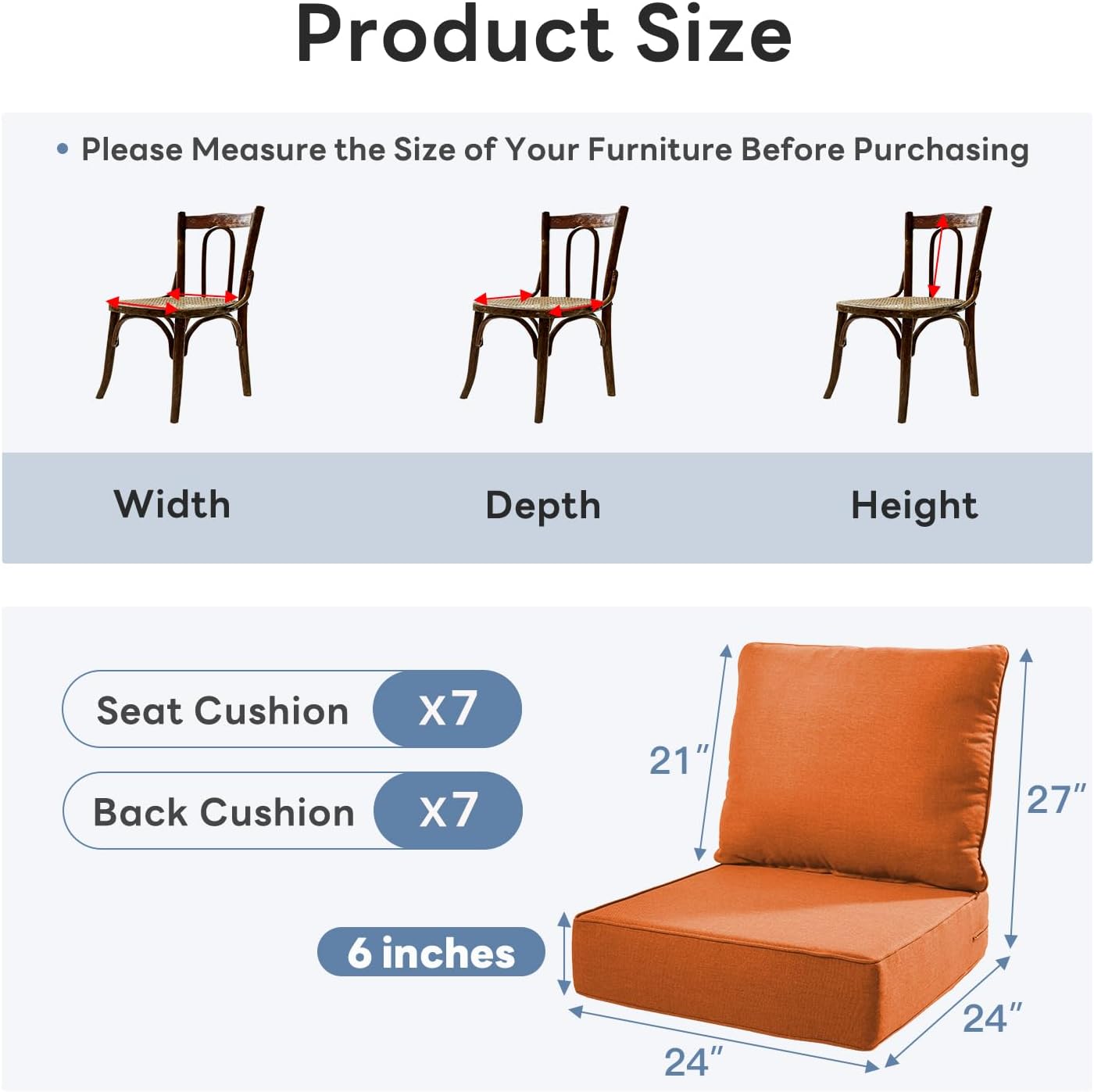 6" Thicker Outdoor Chair Cushion 7 Sets - 24" *24" *6" Waterproof Patio Furniture Cushions with Removable Cover, 28D High Density Sponge Filling Thicken Outdoor Patio Cushions - Orange