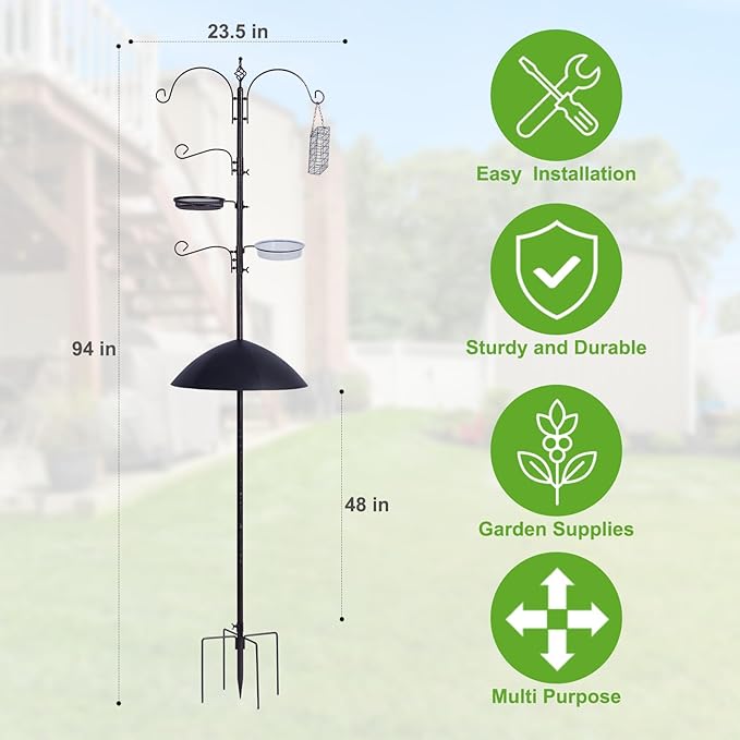 Backyard Expressions Heavy Duty Bird Feeding Station Kit w/Squirrel Baffle - 90" Bird Feeder Pole with 5 Prong Base, Suet Feeder, Mesh Feeding Tray, 4 Feeder Hooks, Water Dish - Black w/Gold Fleck