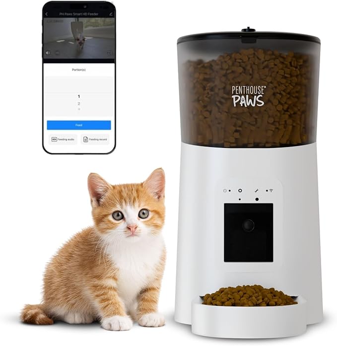Smart HD Automatic Cat Feeder with 1080P Camera & Night Vision, 2-Way Audio, WiFi App Control, Anti-Jam 6L Cat Feeder with Backup Power, Easy to Clean, Schedules Up to 15 Meals for Cat & Dog, White