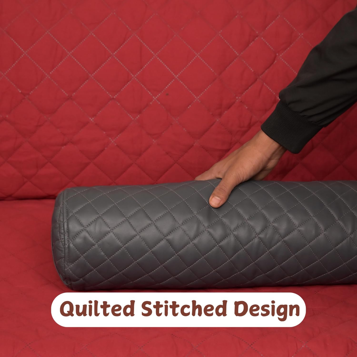 Neck Roll Pillow Cushion Cover, 22x7 Inch Full Moon Round Bolster Pillow Case, Cylinder Soft Lambskin Leather Pillowcase for Head, Spine & Neck Support During Sleep - Quilted Charcoal Grey Pack of 1