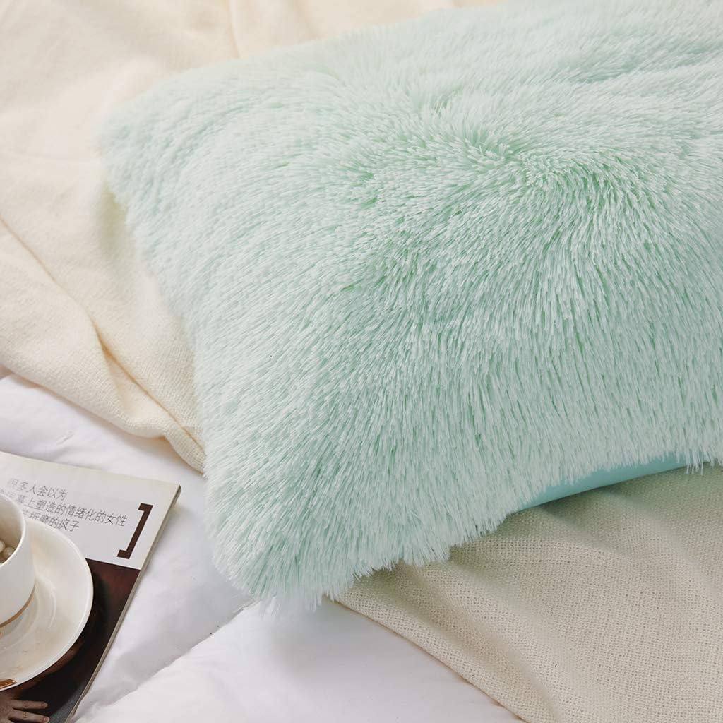 Uhamho Set of 2 King Faux Fur Throw Pillow Covers Soft Velvet Decorative Pillowcases Zipper Closure(20 x 36 Inches Aqua)
