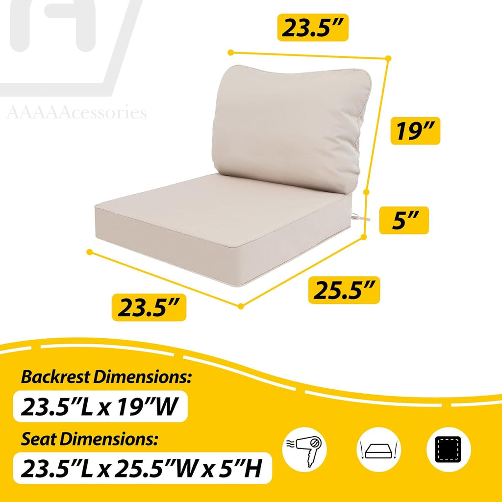 AAAAAcessories Outdoor Deep Seat Cushions, Waterproof, Fade-Resistant Patio Furniture Replacement Cushions, 23.5" x 25.5" x 5" + 23.5" x 19", Set of 4, Khaki Beige