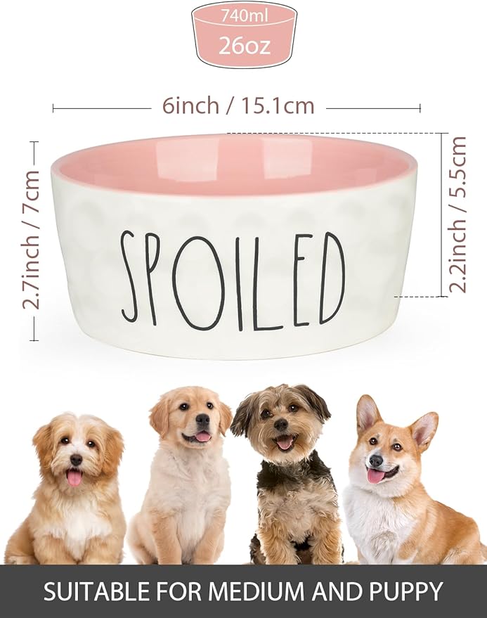 27OZ Ceramic Dog Bowl - 6 Inch Small Food Water Bowl, Heavy Duty Non-Slip Dog Dish for Medium Dogs, Food Grade Porcelain Pet Feeder Bowls, Microwave & Dishwasher Safe, Pink
