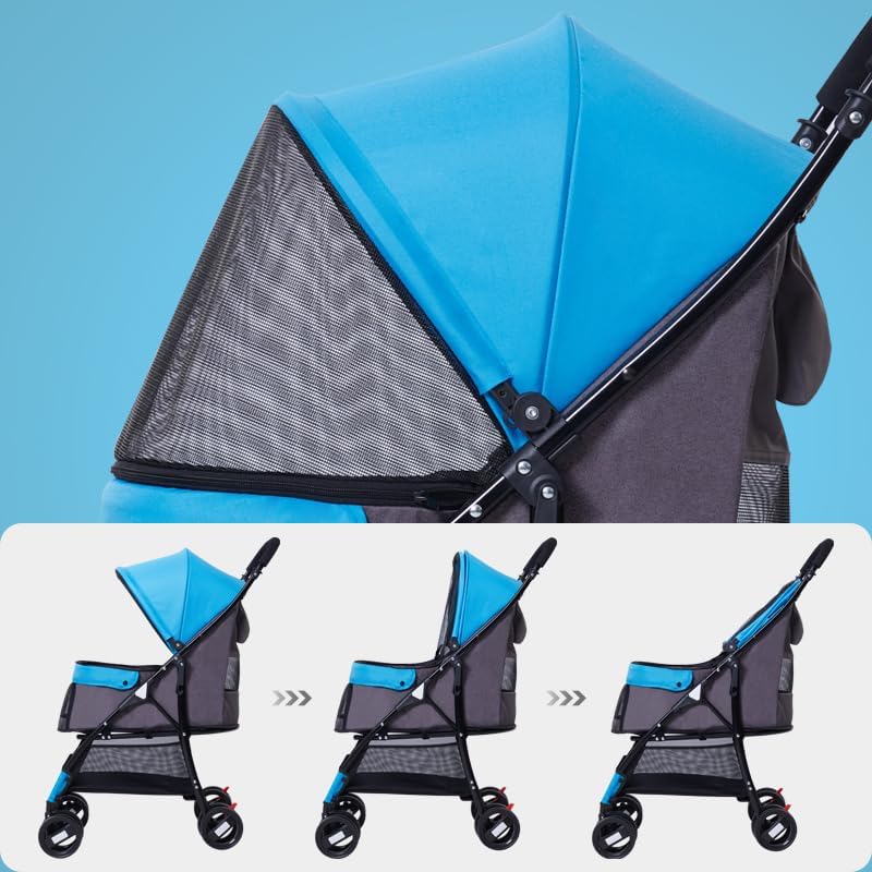 4 Wheels Pet Stroller,Easy-Foldable Dog Cat Cage Jogger Stroller with Weather Cover for All-Season,Storage Basket and Visible Mesh for Small/Medium Pets up to 33lbs (Blue)
