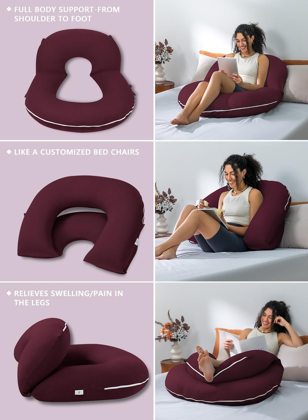 INSEN Reading Pillow for Sitting in Bed Adult, Back Pillow for Bed Sitting Up, Use for Relaxing and Gaming, Suitable for Adults & Kids(Cooling Wine, Basic)