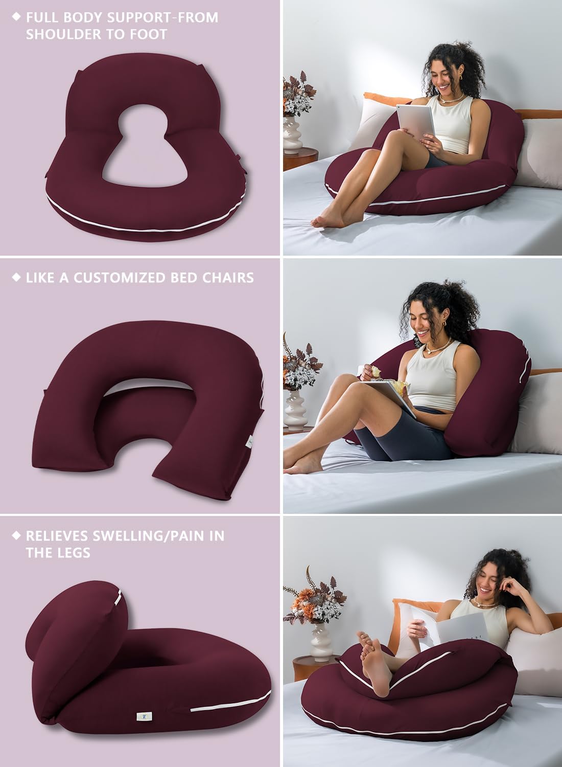 INSEN Reading Pillow for Sitting in Bed Adult, Back Pillow for Bed Sitting Up, Use for Relaxing and Gaming, Suitable for Adults & Kids(Cooling Wine, Basic)