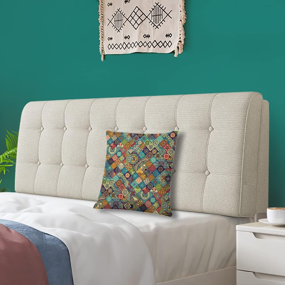 Decorative Square Throw Pillow Covers Geometric Pattern with Ornamental Floral Folk Art Abstract Couch Sofa Bed Pillow Covers Cushion Cases 18x18 inch