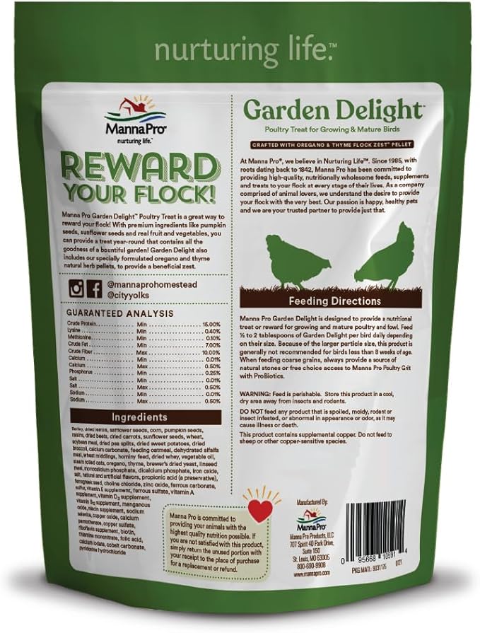 Manna Pro Garden Delight Chicken Treat, Dried Vegetable & Herb Treat Mix for Chickens, Ducks, and Poultry, Natural Coop Enrichment Snack for Hens and Backyard Birds, Made in USA, 2.25 lb Bag
