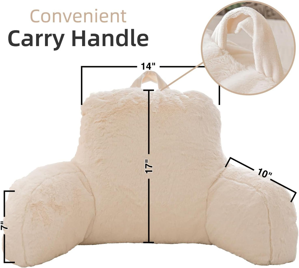 A Nice Night Faux Fur Reading Pillow Bed Wedge Large Adult Children Backrest with Arms Back Support for Sitting Up in Bed/Couch for Bedrest,Ivory