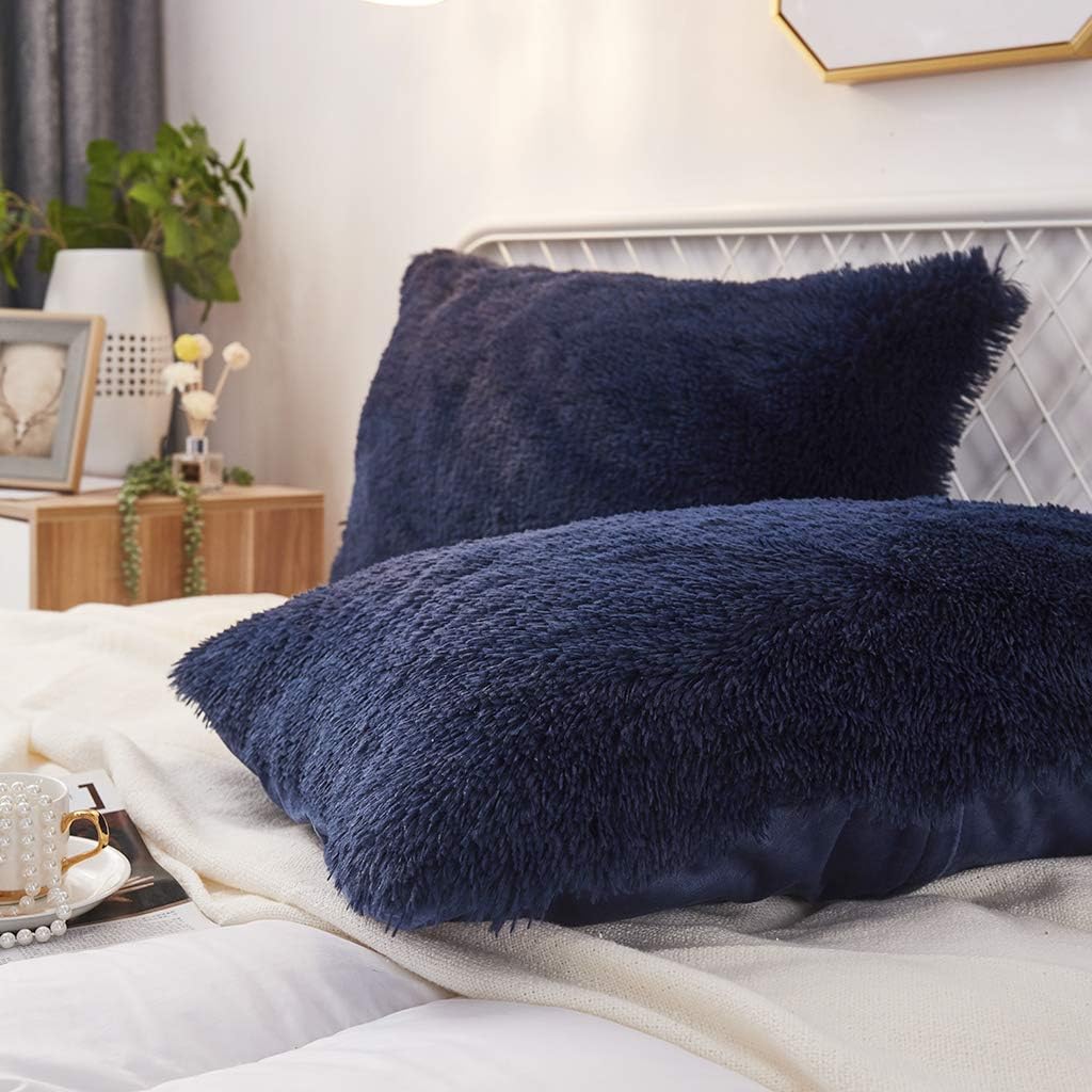 Uhamho Set of 2 Standard Pillowcases Faux Fur Throw Pillow Covers Shams Soft Velvet Decorative Zipper Closure (Navy, 20"x26")