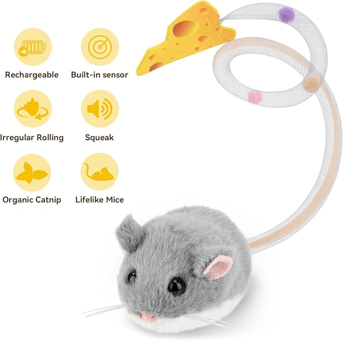 Migipaws Interactive MigiMouse Cat Toy 360° Rolling & Spin with Wiggling Tail for Indoor Cats Smart Motion Sensor, Realistic Squeak, Rechargeable Plush Kitten Toy(Grey)