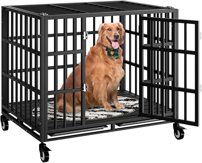 38 Inch Heavy Duty Dog Crate with Wheels,Indestructible Escape-Proof Dog Kennel with Locking Latch and Double Door,Extra Large XL XXL Crate Indoor for Large and Medium Dog with Removable Tray