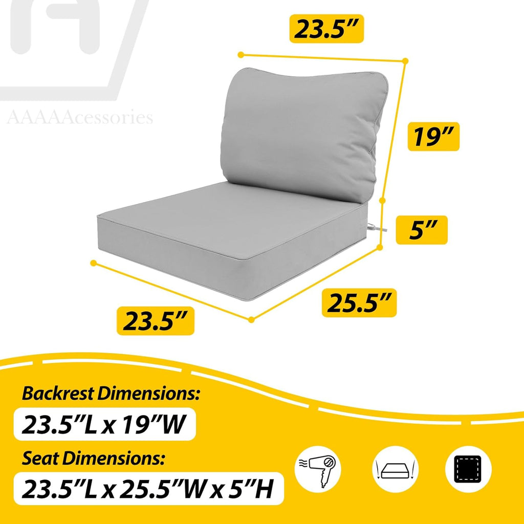 AAAAAcessories Outdoor Deep Seat Cushions, Waterproof, Fade-Resistant Patio Furniture Replacement Cushions, 23.5" x 25.5" x 5" + 23.5" x 19", Gray