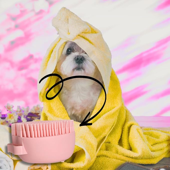 Dog & Cat Bath Brush with Built-In Shampoo Dispenser - 2-in-1 Silicone Pet Grooming Massage Brush for Anxiety Relief & Deep Cleaning - Luxury Spa Treatment (Pink)