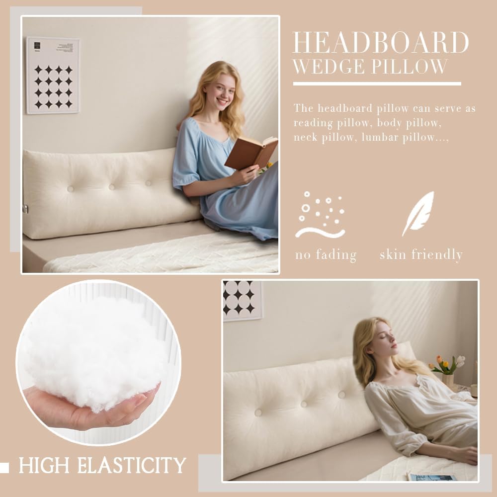 Queen Size Headboard Pillow Wedge Long Backrest Positioning Support for Daybed Wedge Bed Rest Reading Pillow with Side Pockets Bolster Cushion