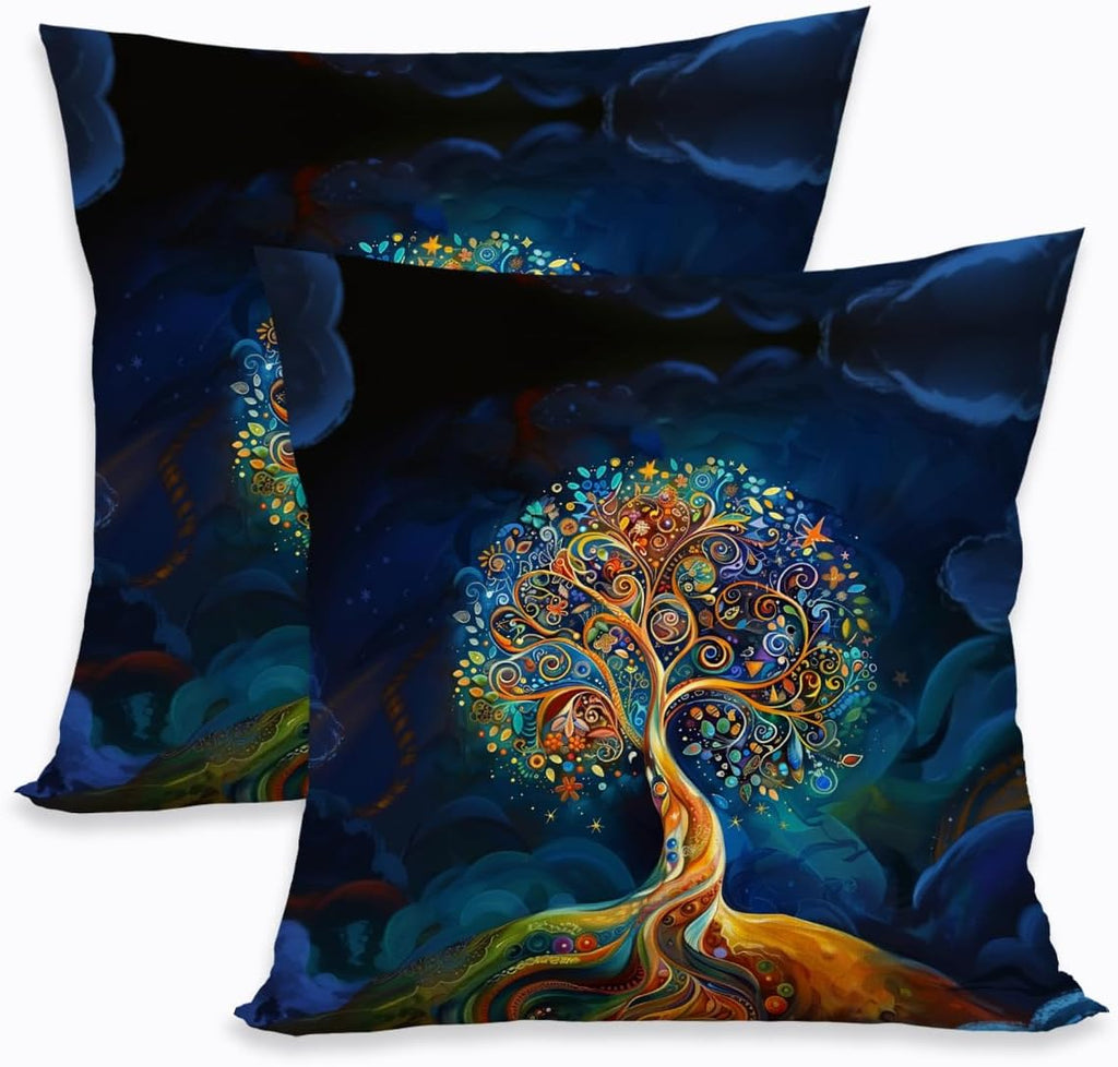 2 Pcs Watercolor Tree Throw Pillow Cover, Decorative Boho Pillow Covers for Couch, Light Tree Of Life Square Cushion Cases for Couch Sofa Bed Bedroom Apartment Dorm Living Room Office Home Decor
