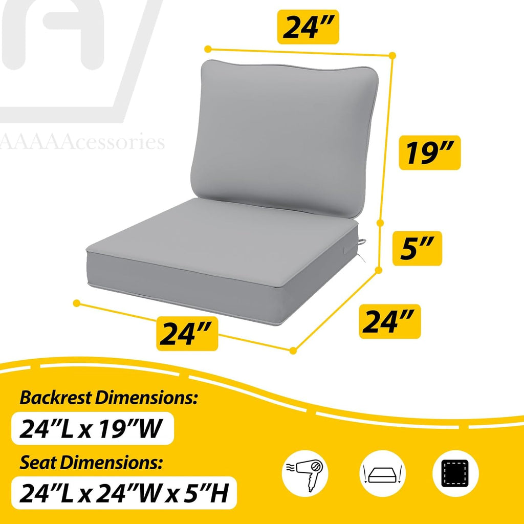 AAAAAcessories Outdoor Deep Seat Cushions, Waterproof, Fade-Resistant Patio Furniture Replacement Cushions, 24" x 24" x 5", Set of 2, Gray