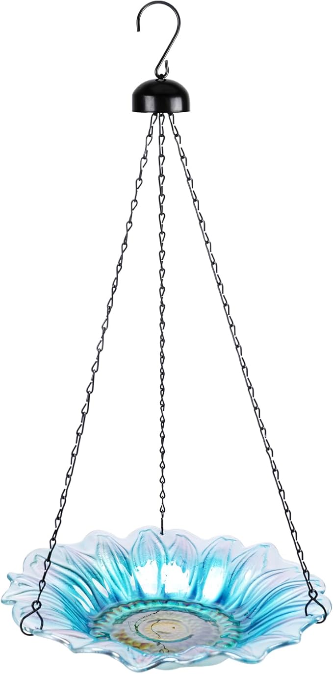 VCUTEKA Bird Bath, Glass Hanging Bird Baths for Outdoors Birdfeeder with 21 inch Rust-Proof Chain for Garden Yard Decor, Blue Daisy