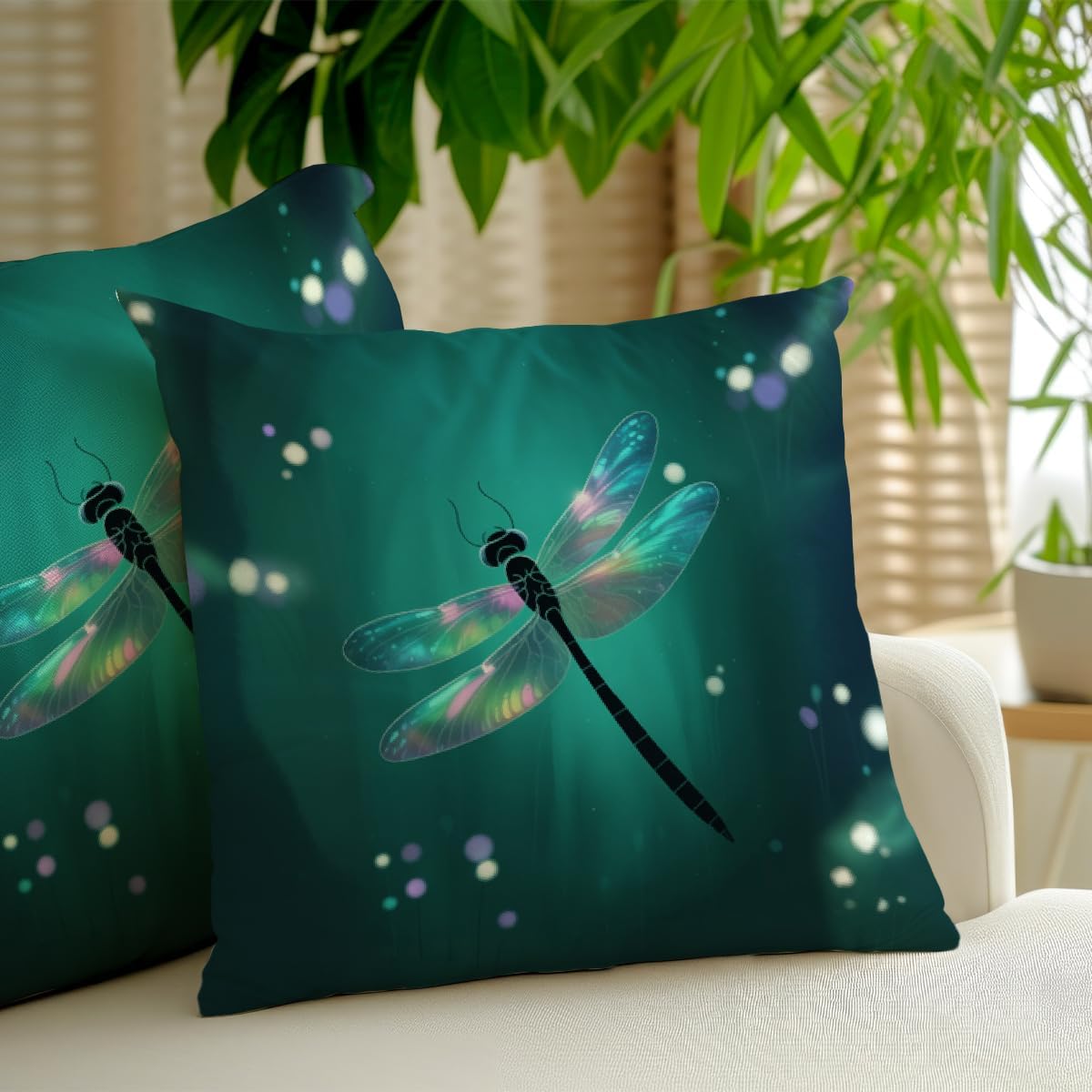 2 Pcs Modern Green Dragonfly Print Pillow Cover, Insect Themed Linen Square Cushion Covers for Couch Sofa Bed Bedroom Apartment Dorm Living Room Office Home Decor,Dragonflies Gifts for Women